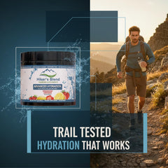 Hiker's Blend on-the-trail setup with bottle and powder for outdoors use.