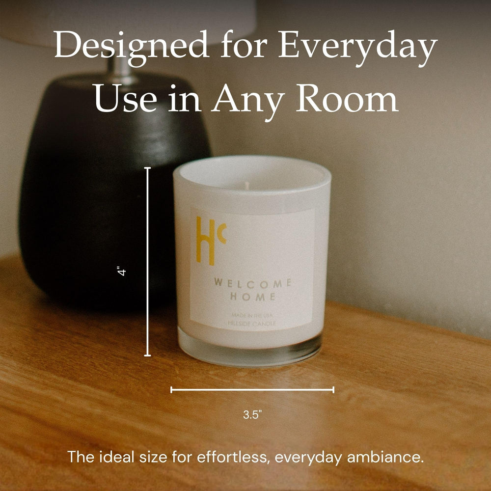 Hillside Candle Welcome Home 9-ounce jar highlights a clean-burning soy wax blend.