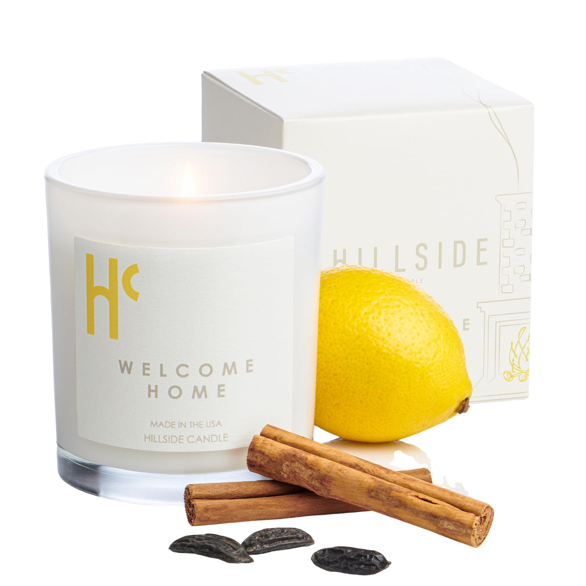 Hillside Candle Welcome Home lemon-cinnamon-clove aroma fills the room with inviting warmth for cozy evenings.