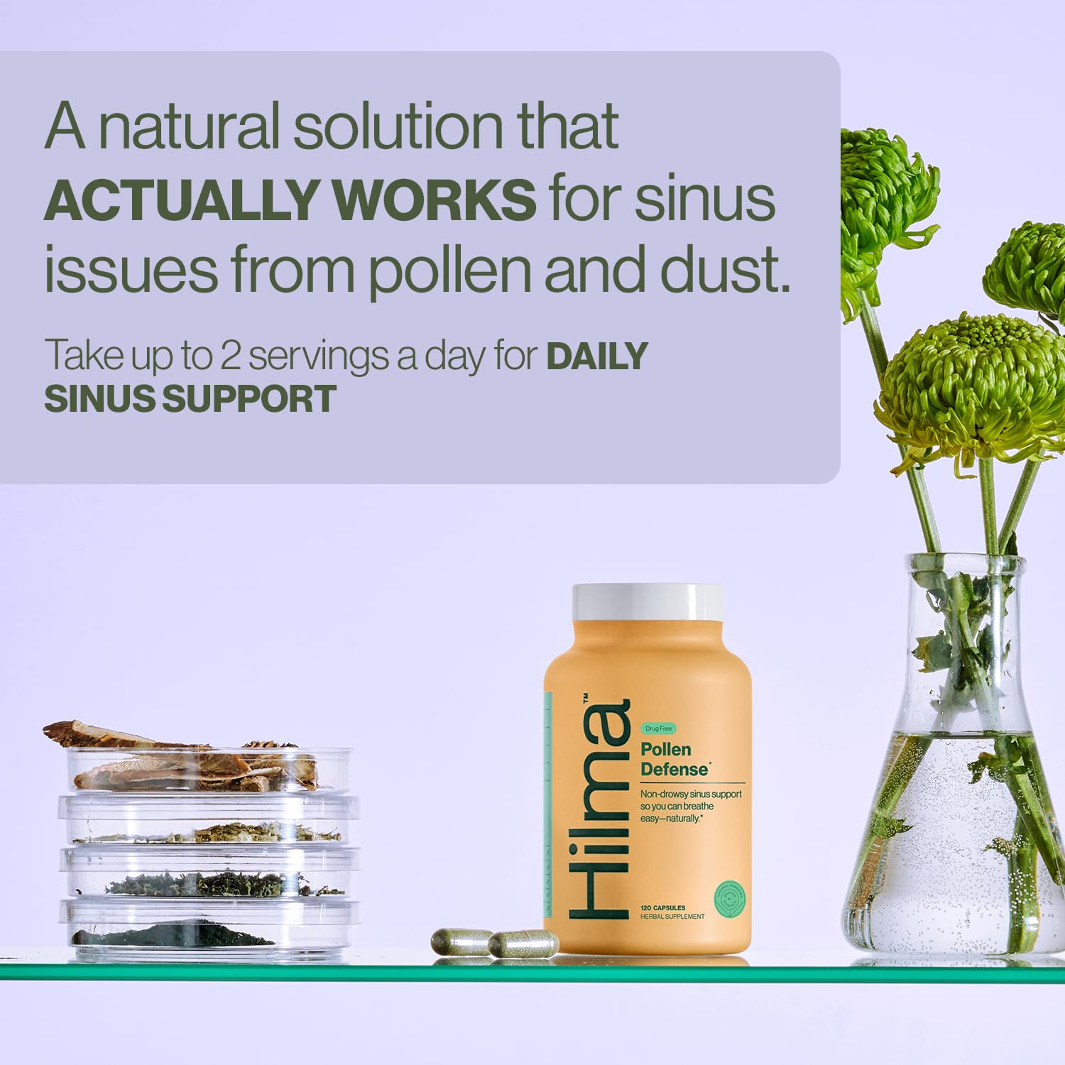 Hilma Natural Sinus Support label emphasizes clean ingredients and safety.