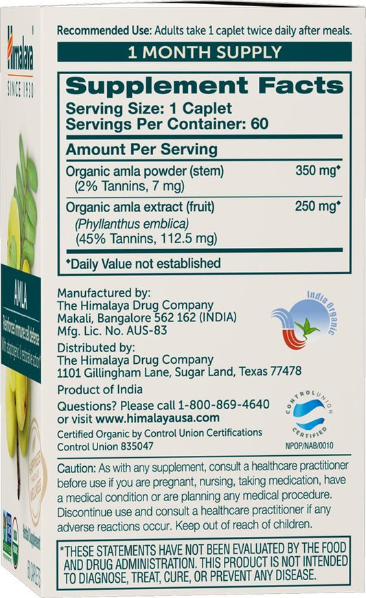 Himalaya Amla caplets close-up showing compact supplement form for easy daily use.