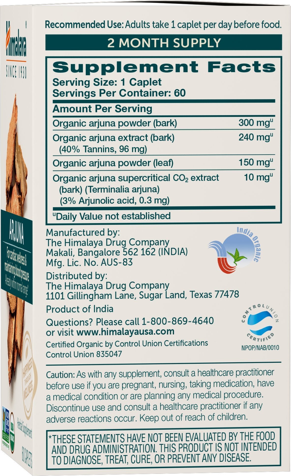 Himalaya Arjuna label view emphasizing organic, non-GMO ingredients.