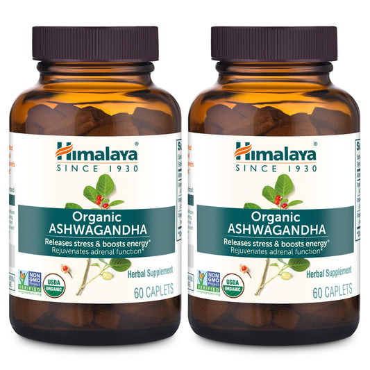 Himalaya Ashwagandha Root bottle with caplets for daily support.
