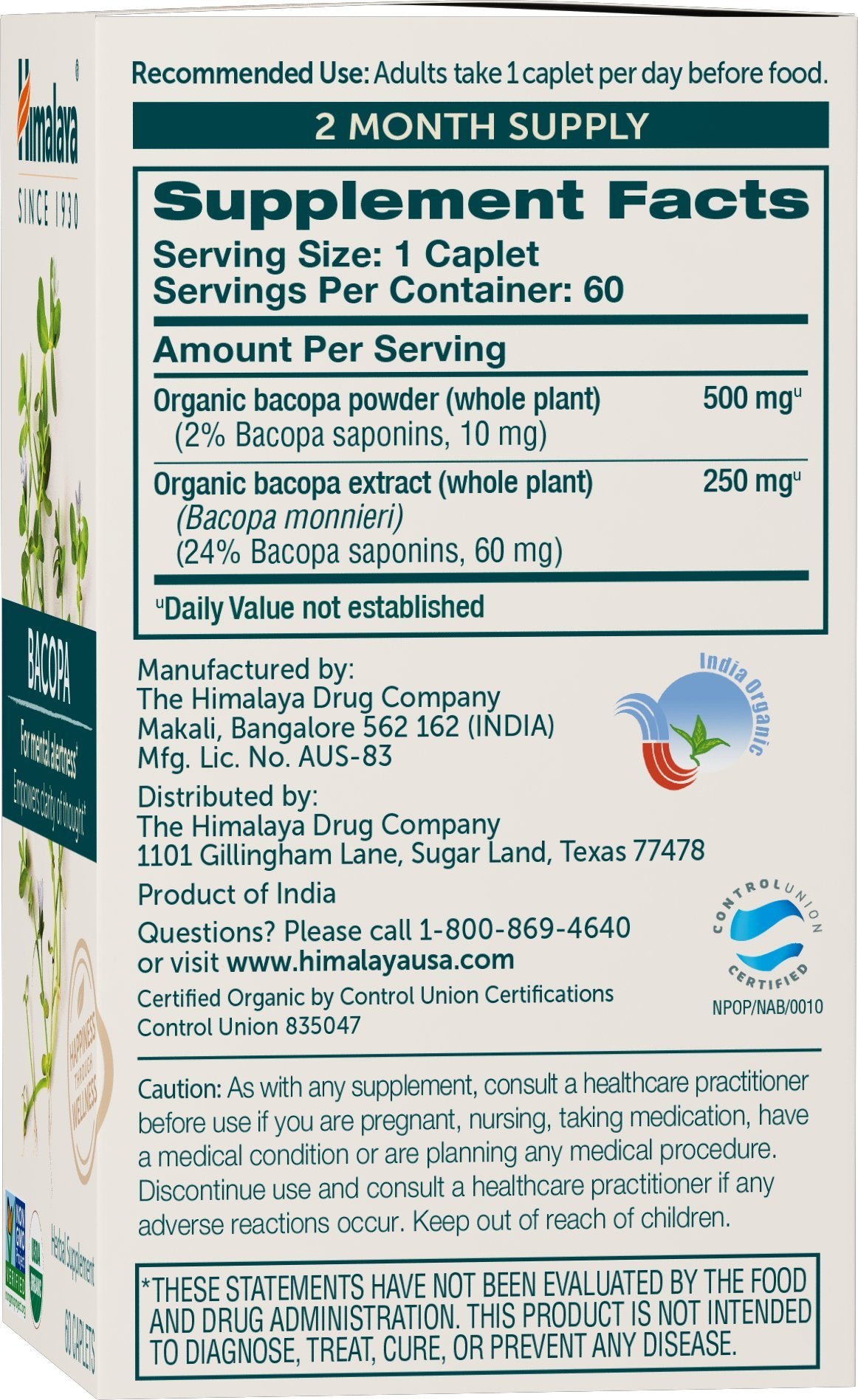 Himalaya Bacopa caplets close-up emphasizing vegan, non-GMO formula for cognitive clarity.