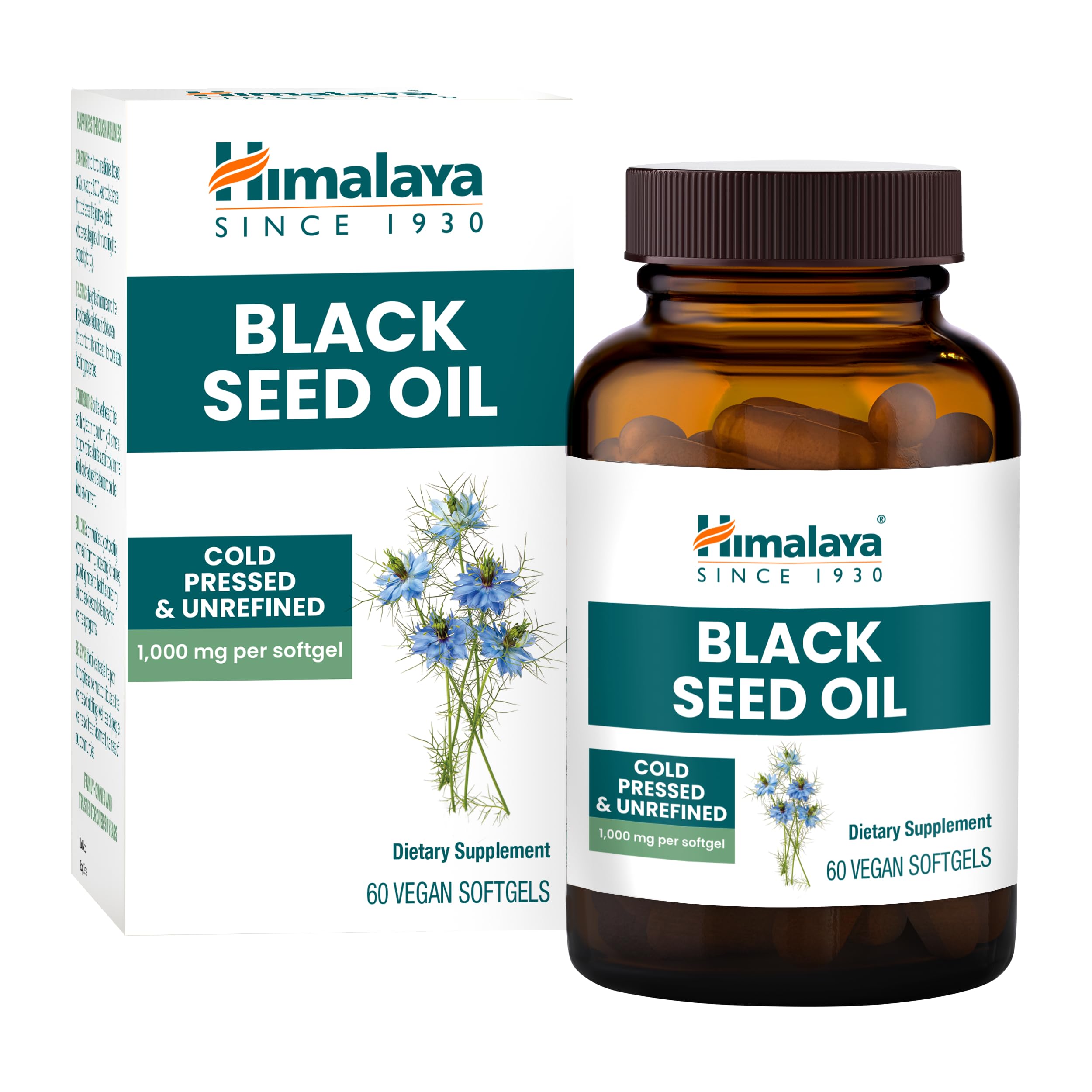 Himalaya Black Seed Oil Softgels bottle closeup for convenient daily use.