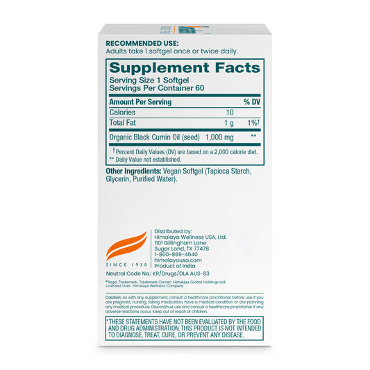 Himalaya Black Seed Oil Softgels capsules shown for easy daily wellness.