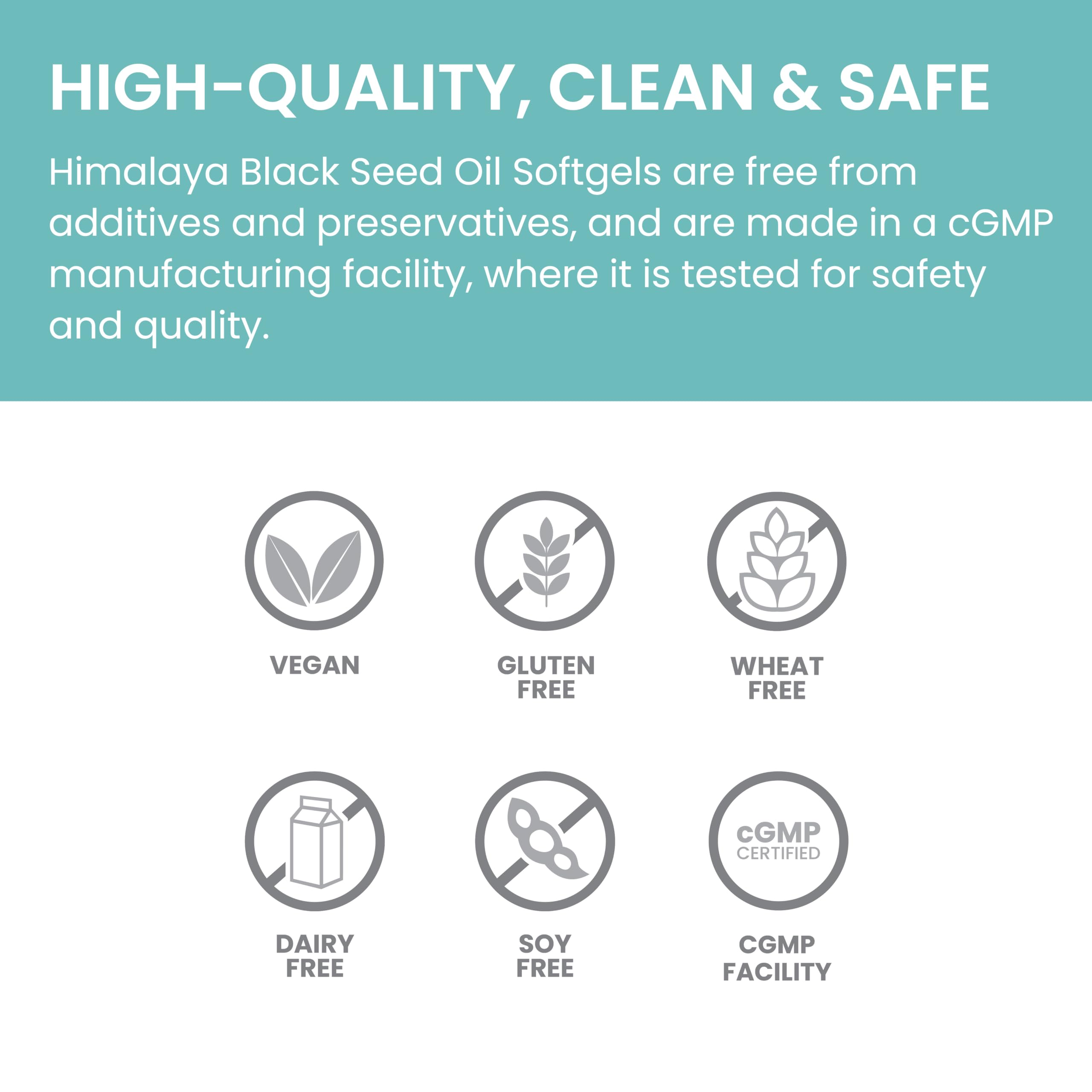 Himalaya Black Seed Oil Softgels gluten-free vegan badge signals allergen-conscious wellness.