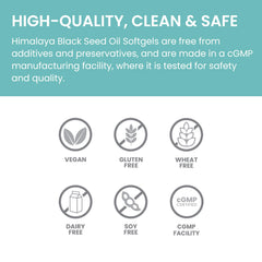 Himalaya Black Seed Oil Softgels gluten-free vegan badge signals allergen-conscious wellness.