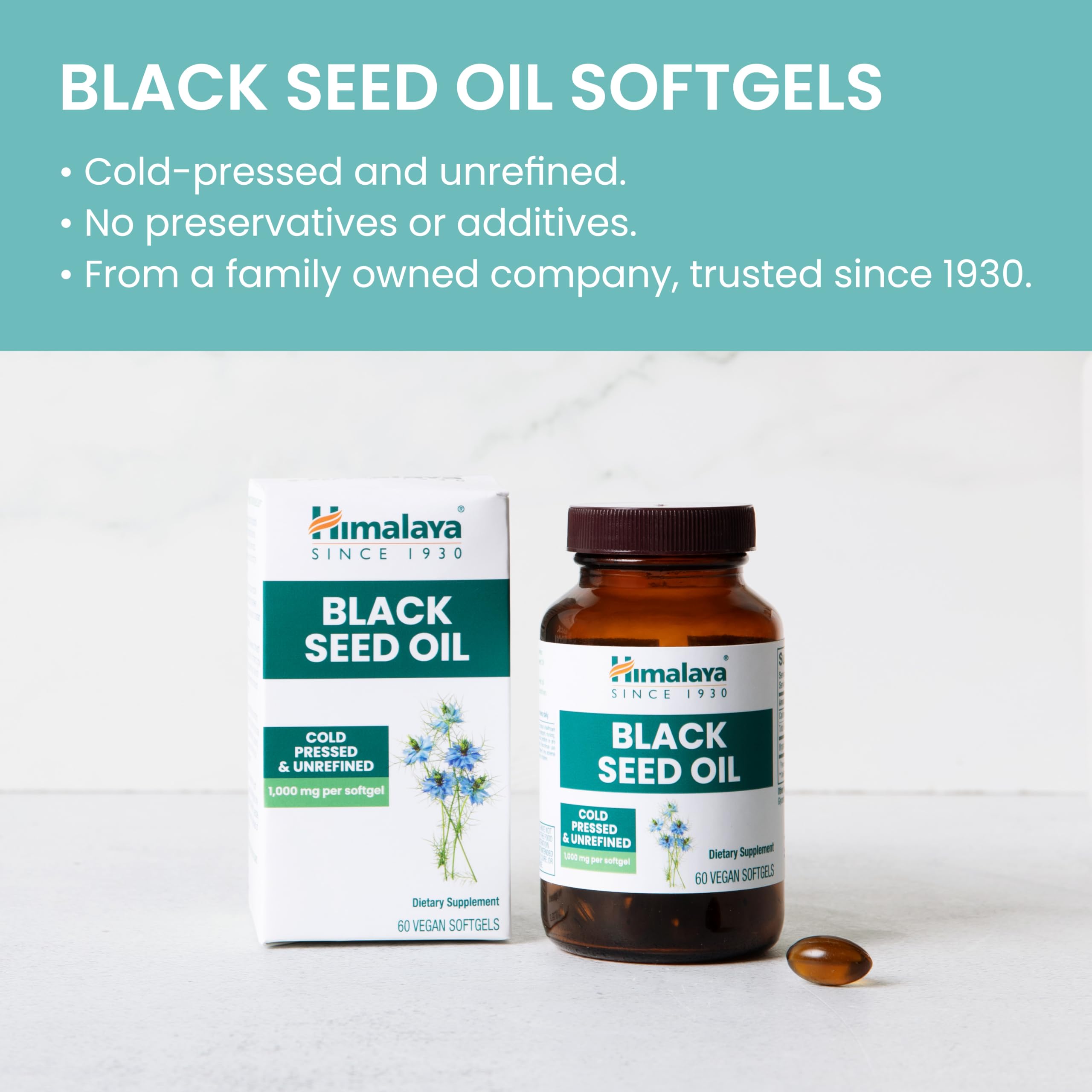 Himalaya Black Seed Oil Softgels packaging emphasizes cold-pressed, unrefined oil.