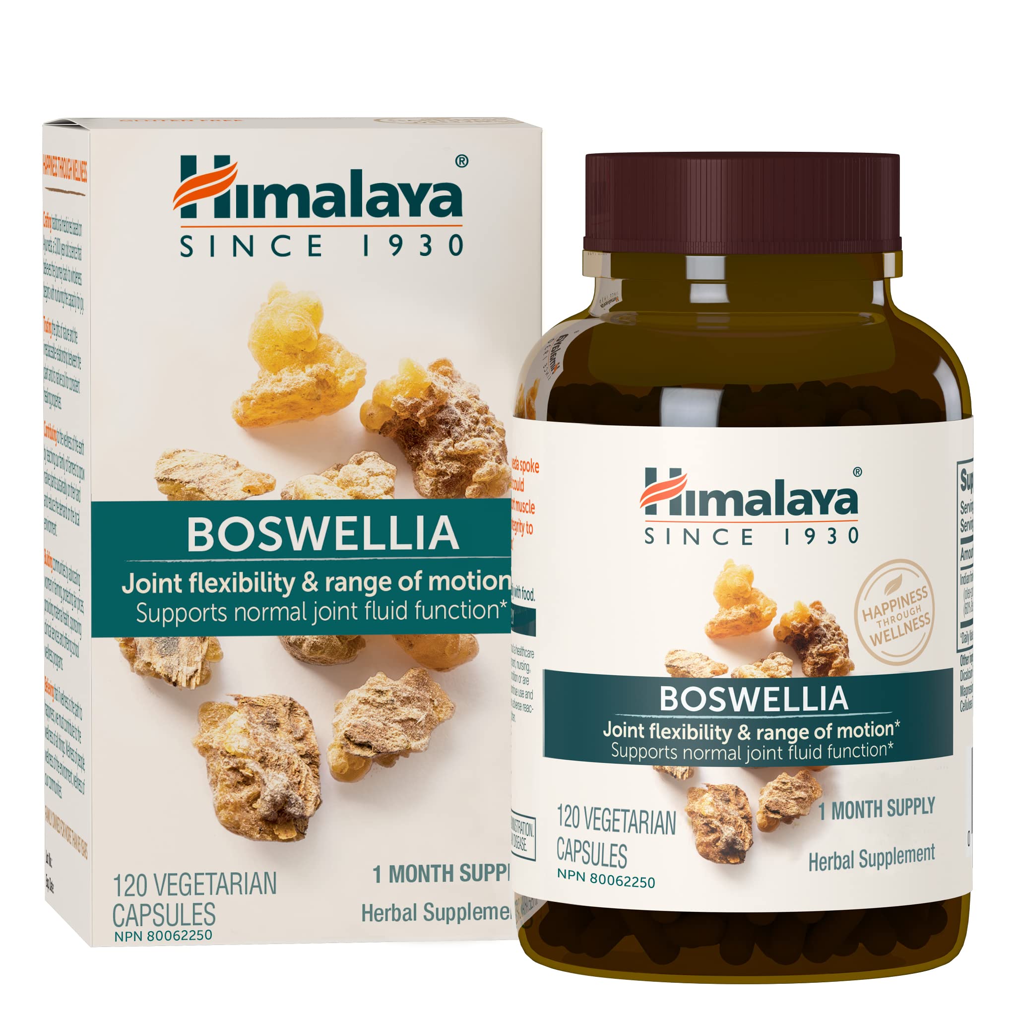 Himalaya Boswellia bottle front shows 250 mg extracts for joint support.