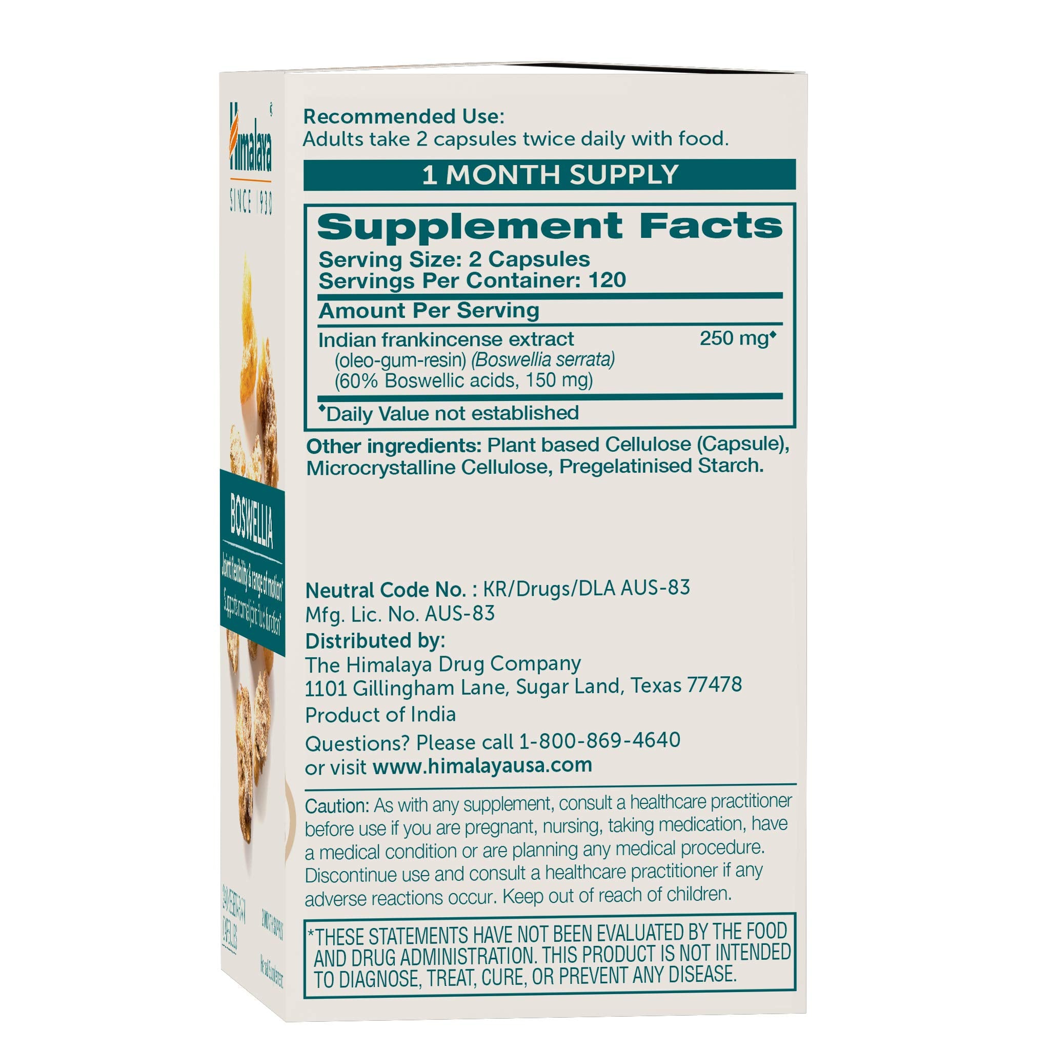 Himalaya Boswellia capsules close-up highlighting 250 mg extract potency.