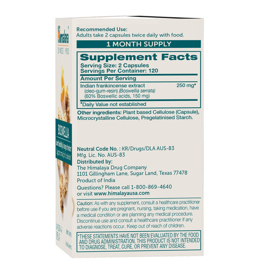 Himalaya Boswellia capsules close-up highlighting 250 mg extract potency.
