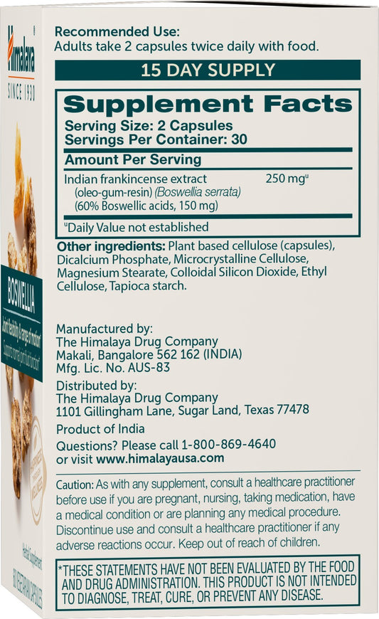 Himalaya Boswellia capsules close-up highlighting plant-based formula for joints.