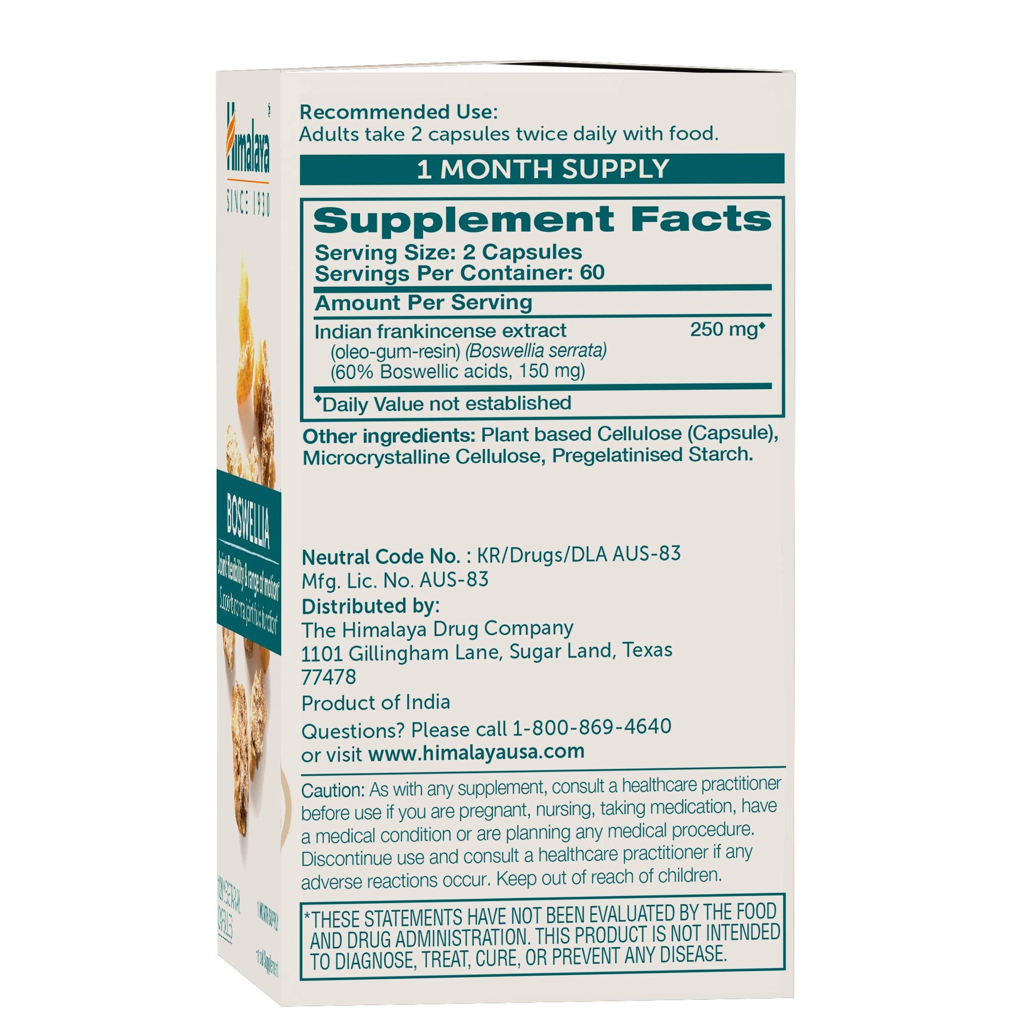 Himalaya Boswellia capsules close-up highlights standardized oleo-gum-resin extract.