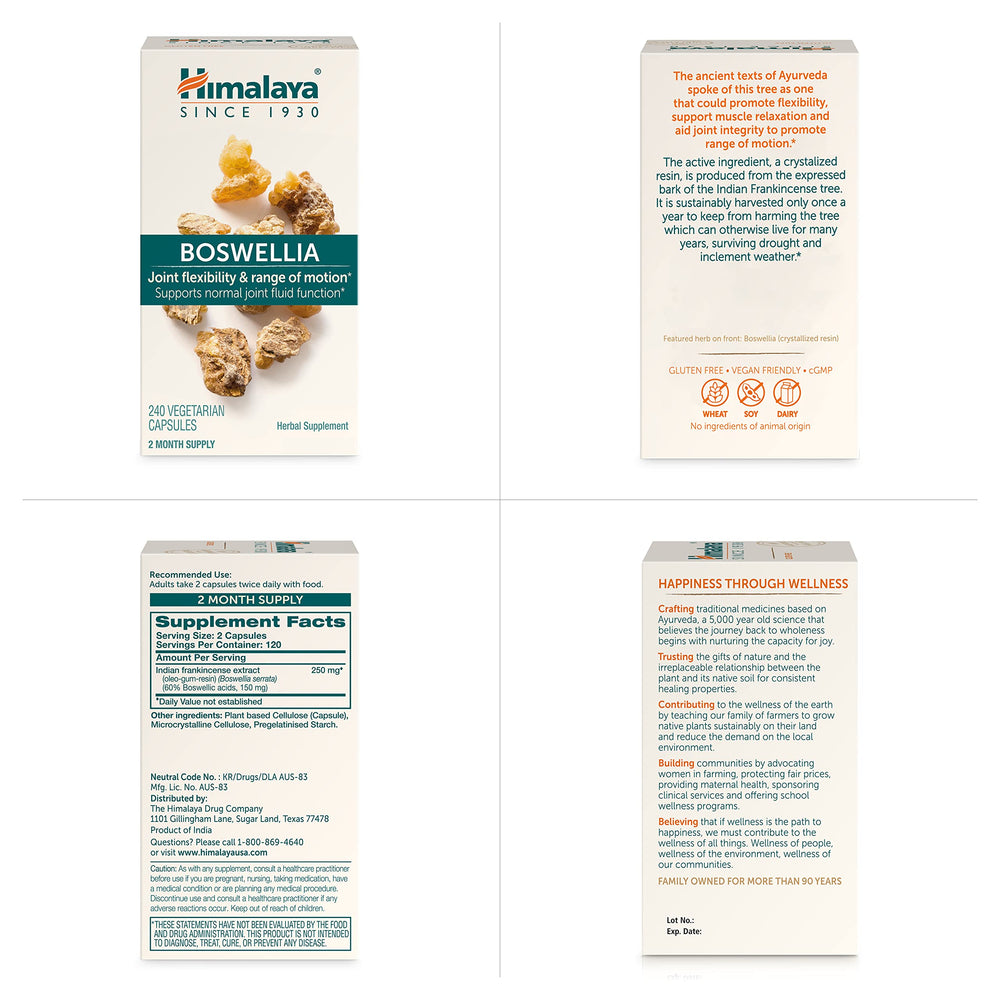 Himalaya Boswellia bottle with dosage guidance for two capsules daily.