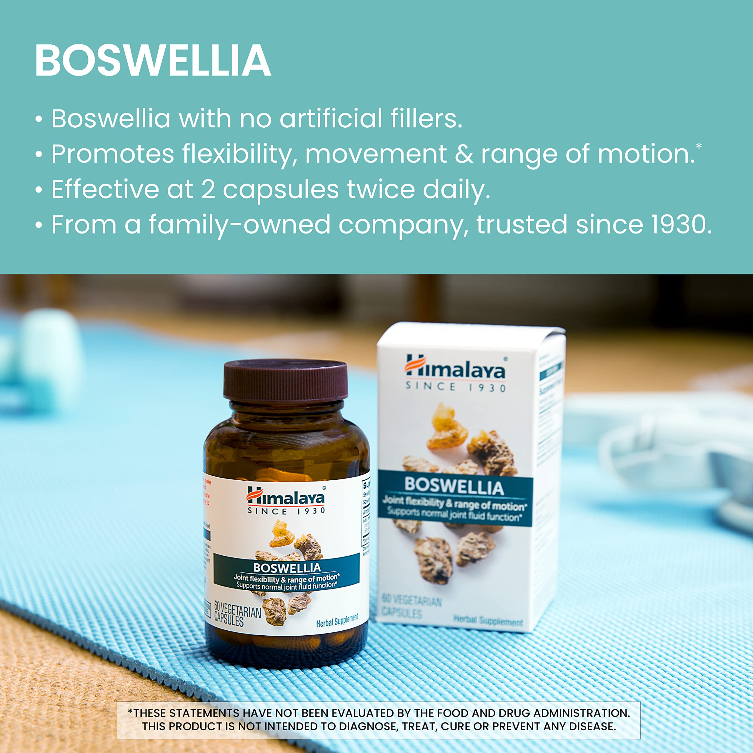 Himalaya Boswellia oleogum-resin extract featured on packaging for potency.