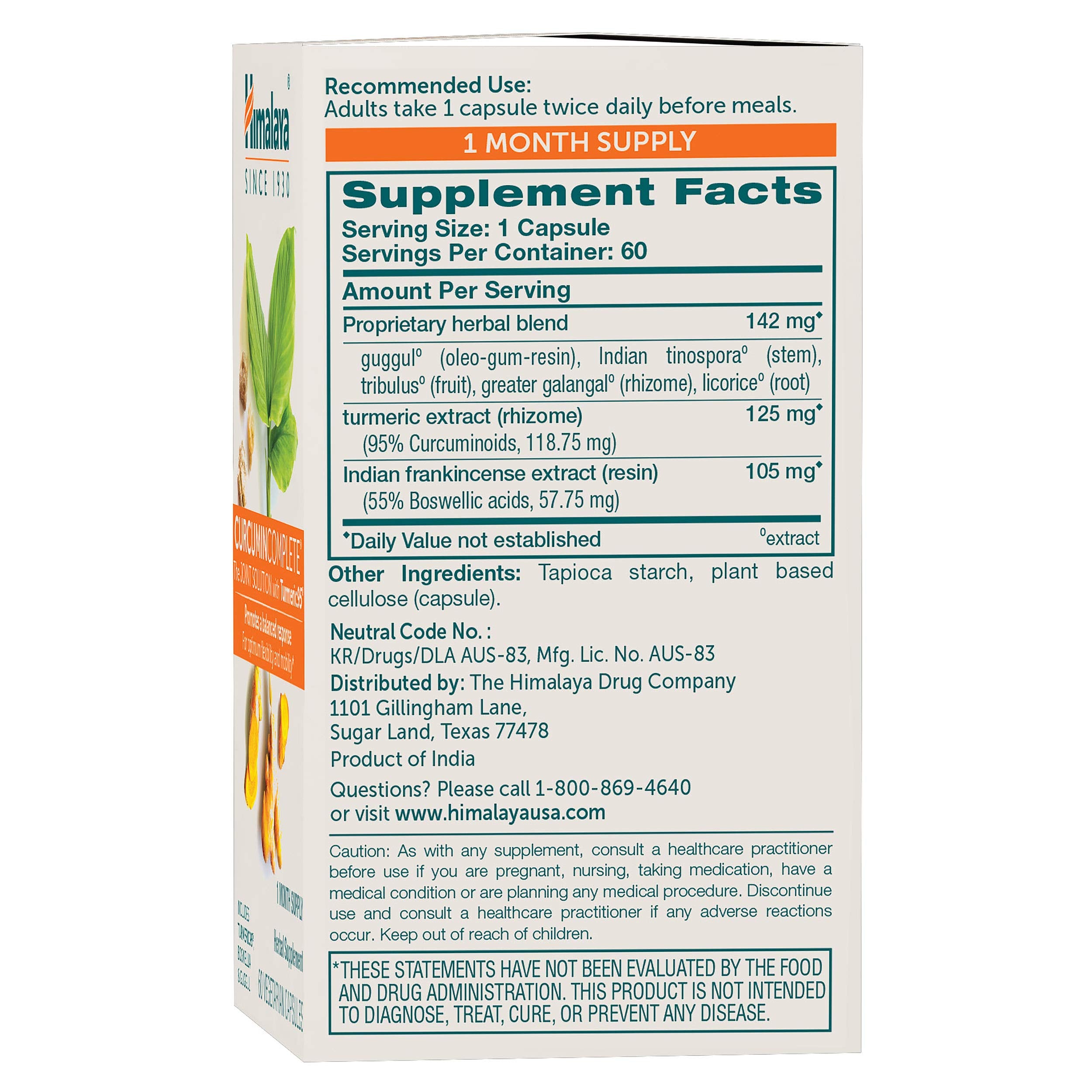 Close-up of Himalaya Curcumin Complete capsules highlighting vegan formula