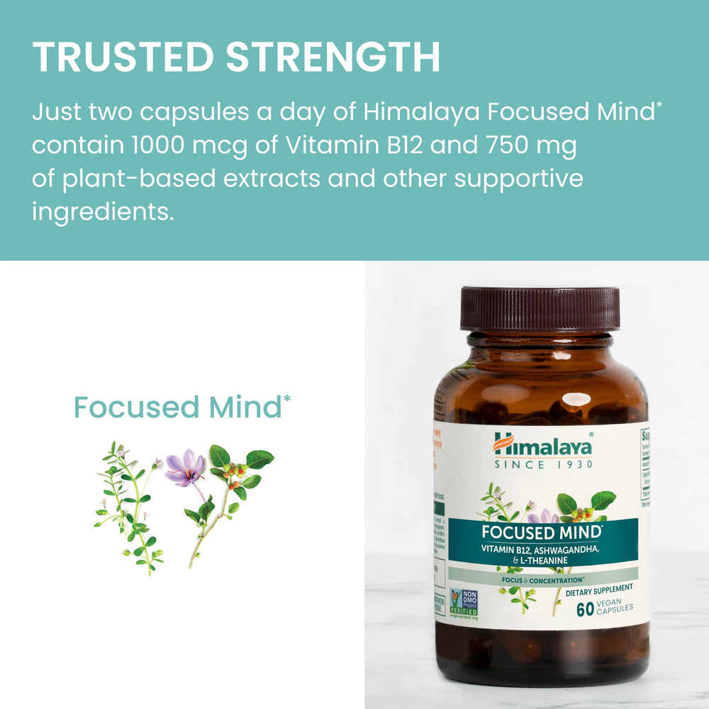 Himalaya Focused Mind bottle close-up showing purity and potency.