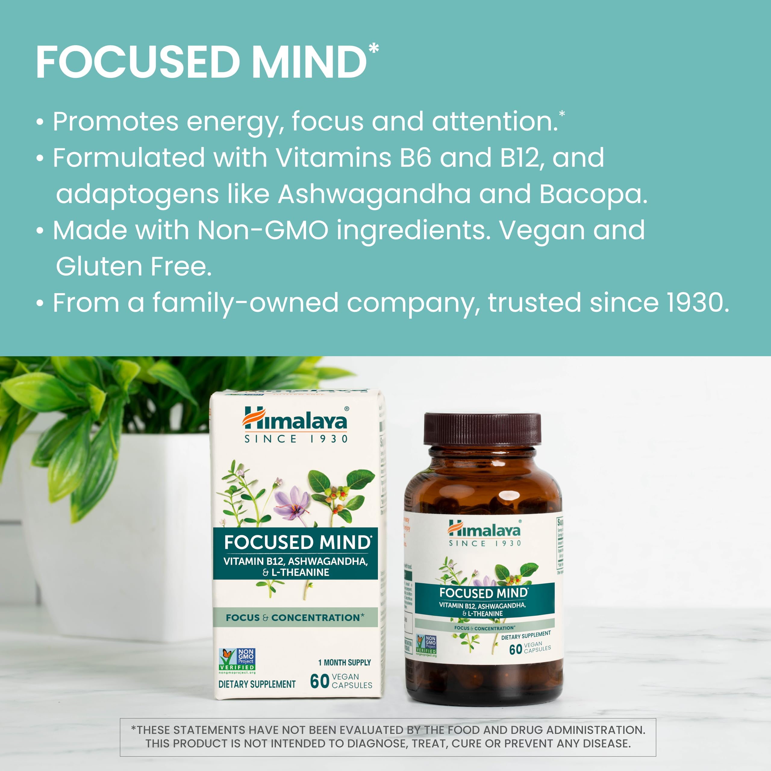 Himalaya Focused Mind label highlights gluten-free and dairy-free formula.
