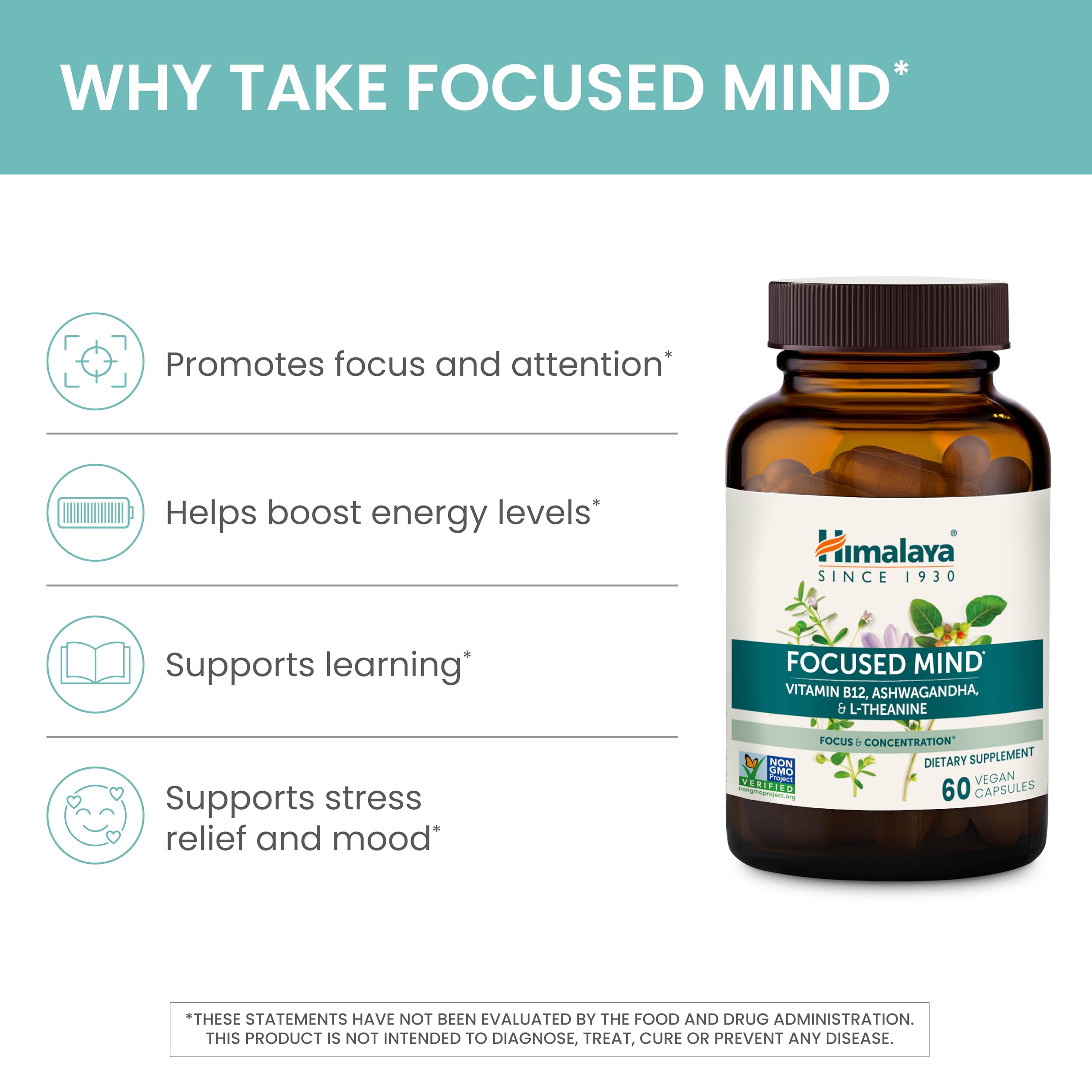 Himalaya Focused Mind side view showing easy-to-swallow capsules.