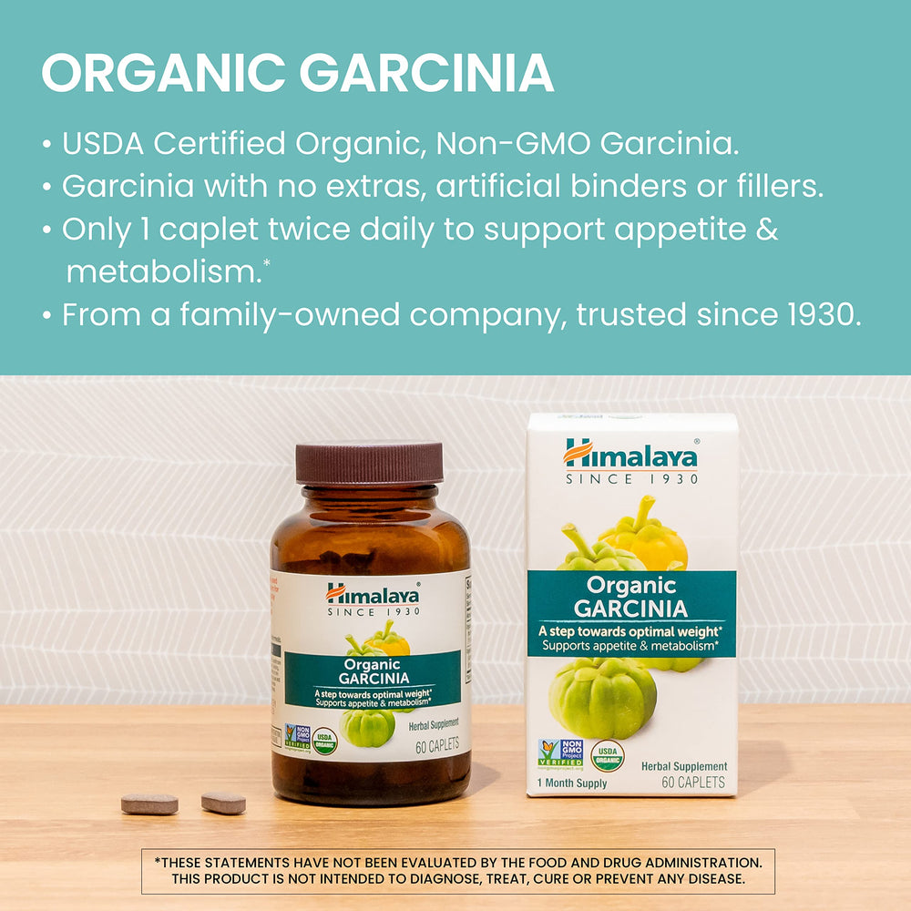 Himalaya Garcinia Cambogia caplets closeup highlights plant-based, vegan supplement benefits