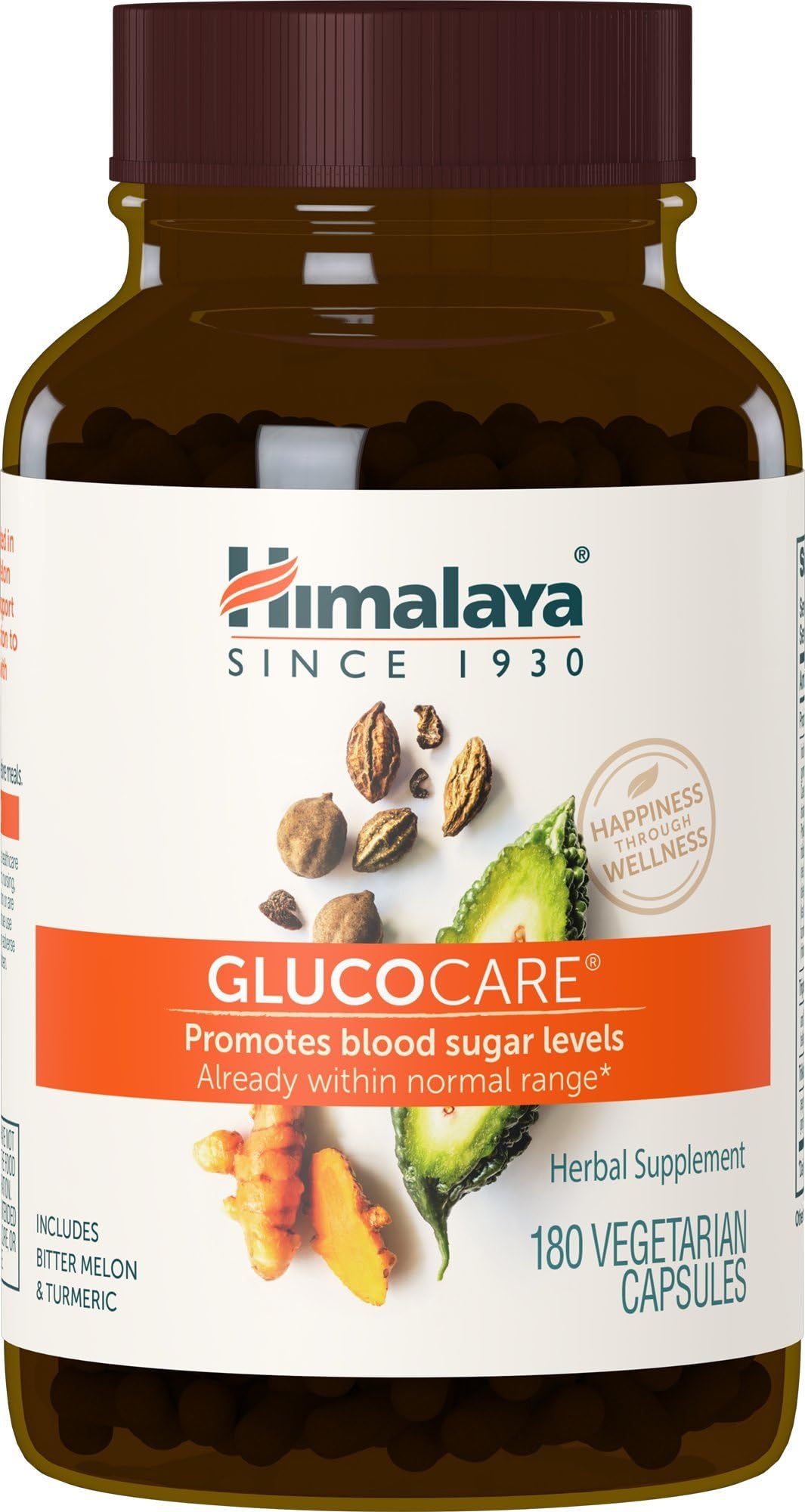 Himalaya GlucoCare bottle front—vegan metabolism support capsules.
