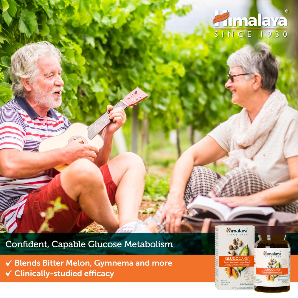 Himalaya GlucoCare capsules close-up—gluten-free vegan supplement.