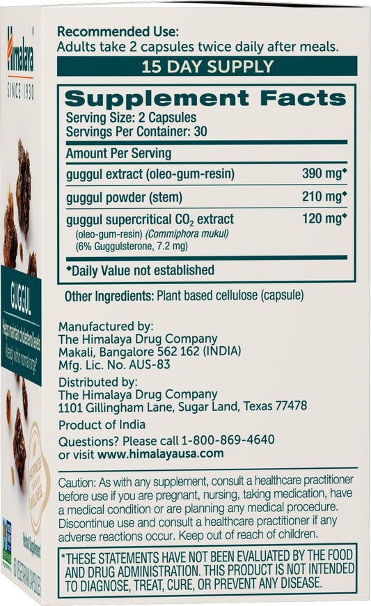 Himalaya Guggul bottle back view with usage notes for cholesterol support