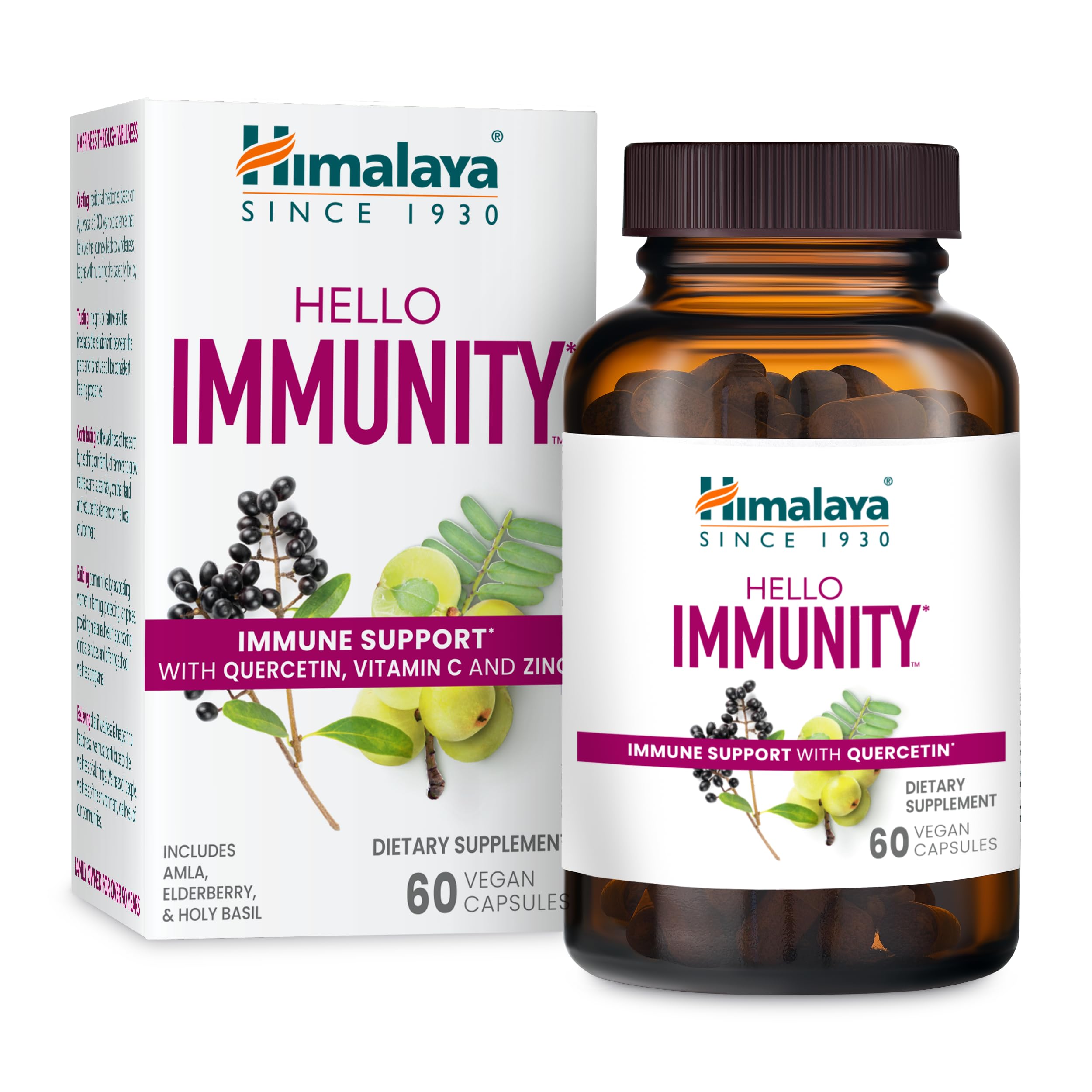 Himalaya Hello Immunity bottle front shows 60 caplets for daily immune support.