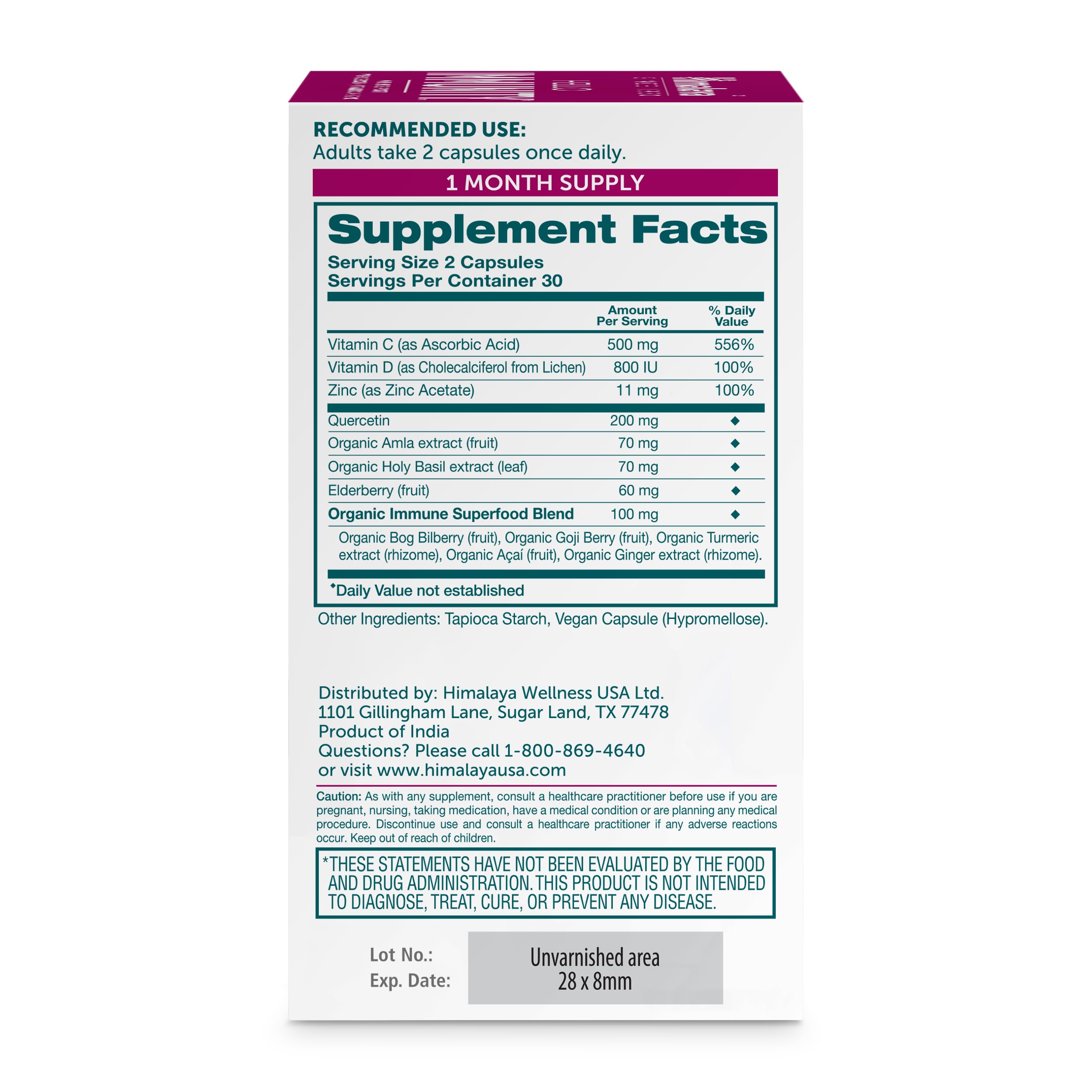 Himalaya Hello Immunity caplets close-up highlighting Quercetin 500 mg formula for daily wellness.