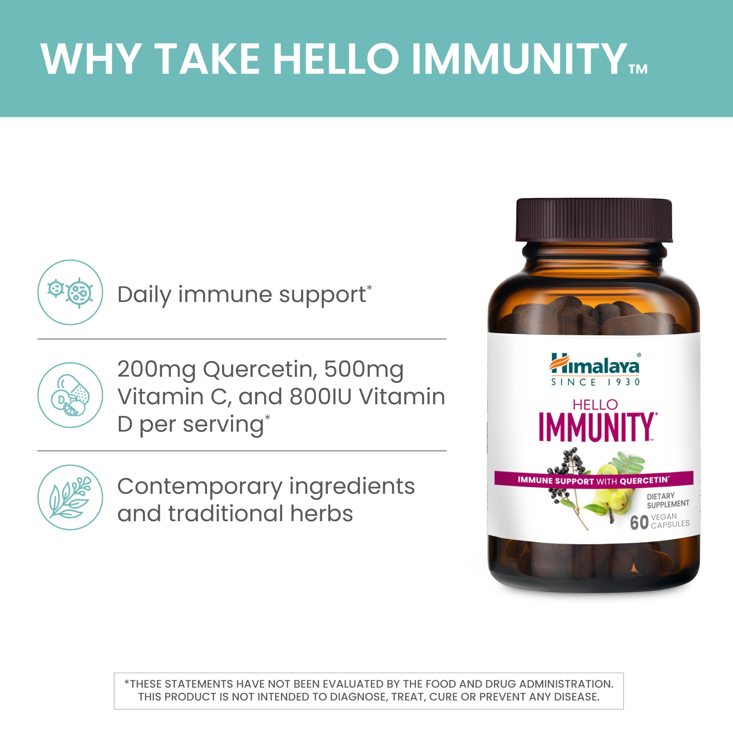 Himalaya Hello Immunity box packaging highlights vegan, non-GMO, gluten-free standards.