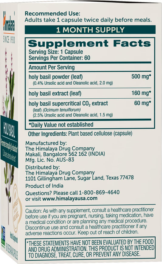 Himalaya Holy Basil capsules close-up illustrating convenient herbal wellness