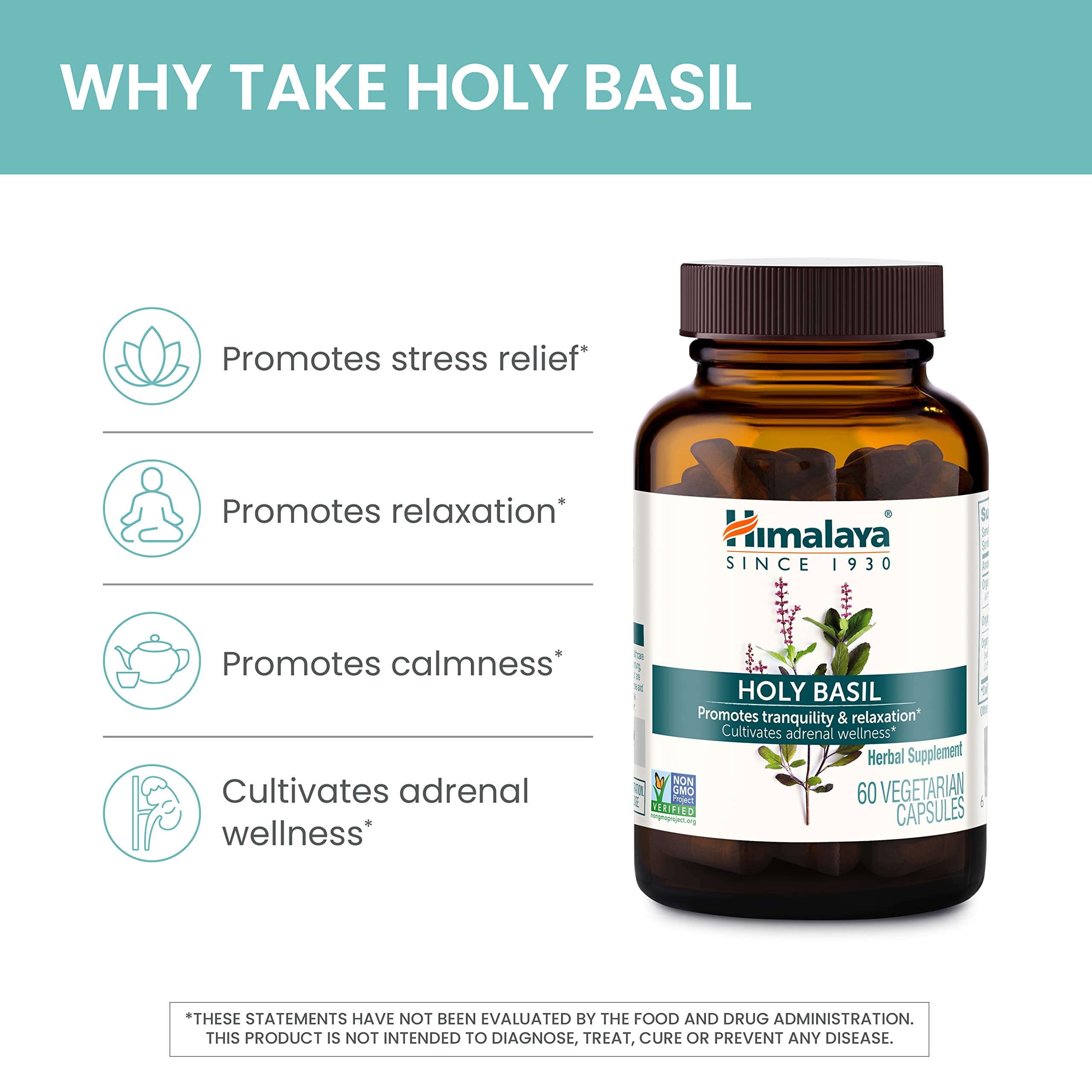 Himalaya Holy Basil ingredient panel emphasizes vegan and non-GMO formula