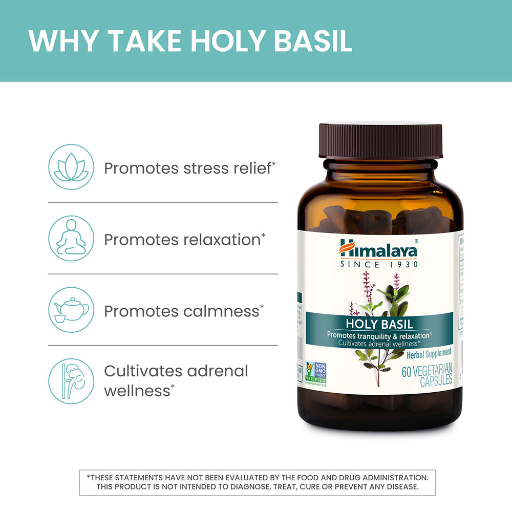 Himalaya Holy Basil ingredient panel emphasizes vegan and non-GMO formula