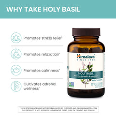 Himalaya Holy Basil ingredient panel emphasizes vegan and non-GMO formula