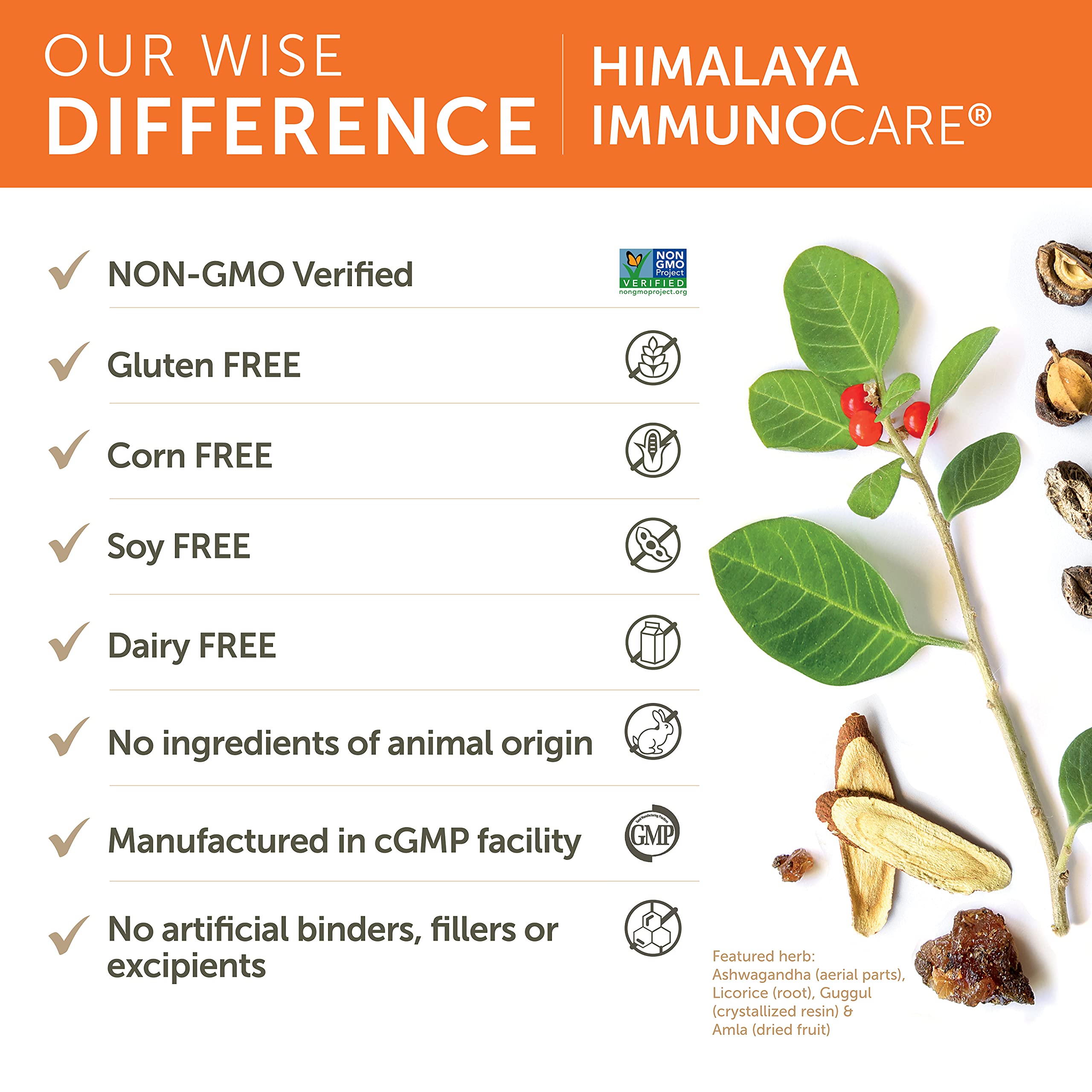 Himalaya ImmunoCare packaging highlights vegan, non-GMO, gluten-free attributes.