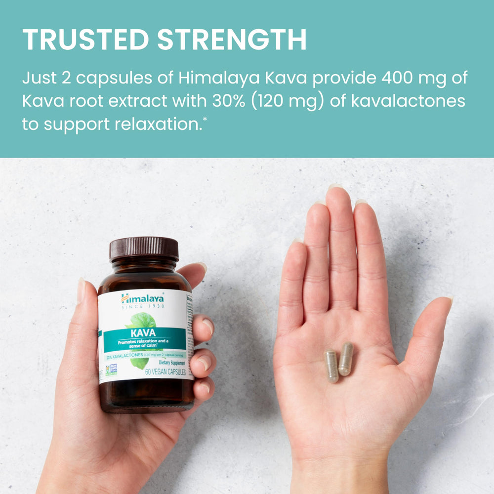 Closeup of Himalaya Kava capsules in bottle for daily use