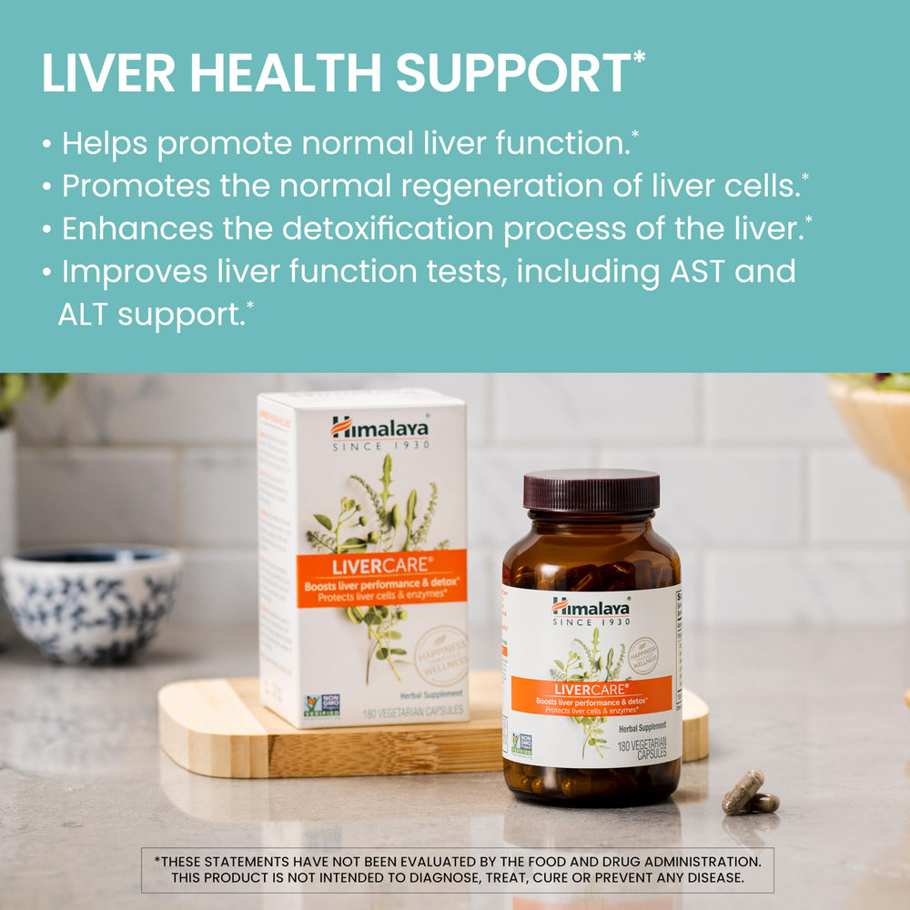 Himalaya LiverCare bottle label highlights vegan and gluten-free formula.