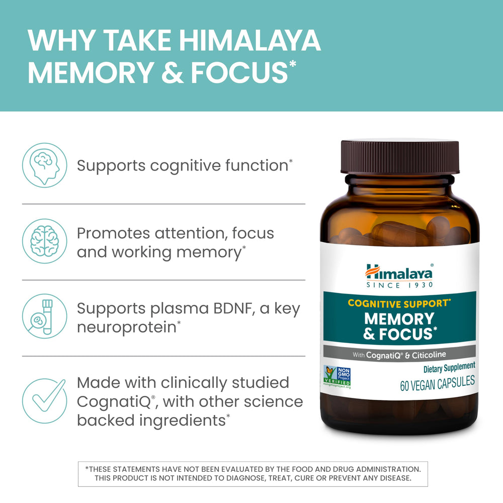 Himalaya Memory & Focus label close-up highlighting product details.