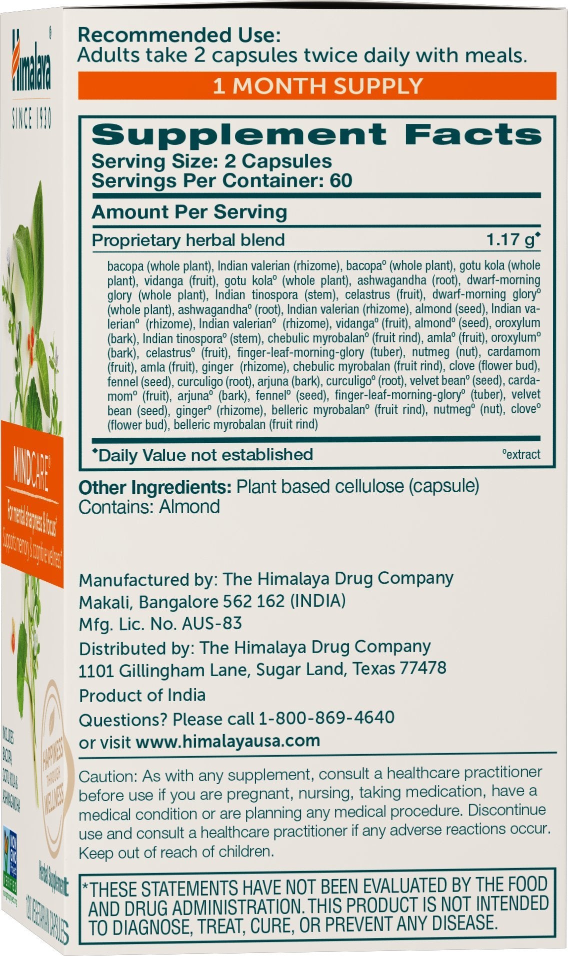 Himalaya MindCare bottle back label with vegan and non-GMO details