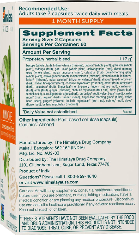 Himalaya MindCare bottle back label with vegan and non-GMO details