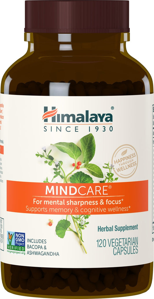 Himalaya MindCare bottle front view showing 120 capsules for daily focus support