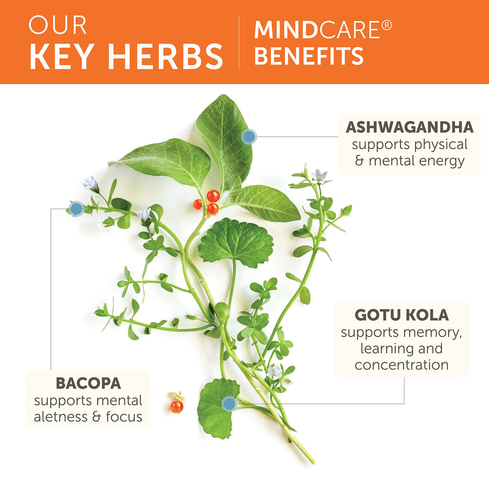 Himalaya MindCare ingredients panel featuring Bacopa, Gotu Kola, and Ashwagandha
