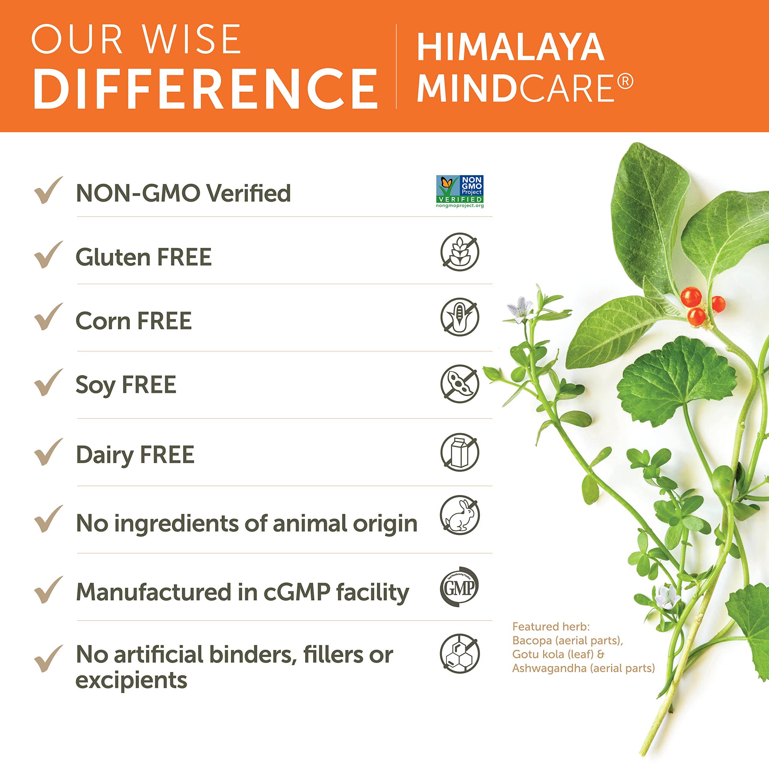 Himalaya MindCare bottle displaying vegan seal and clean formula symbol