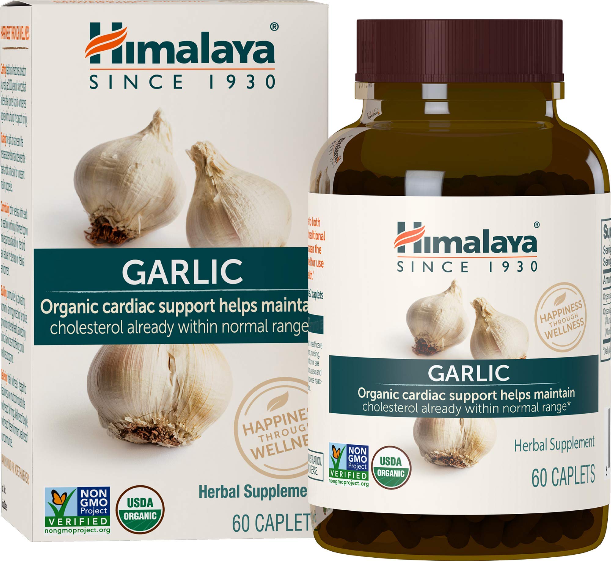 Himalaya Organic Garlic caplets close-up showing total 1,400 mg potency