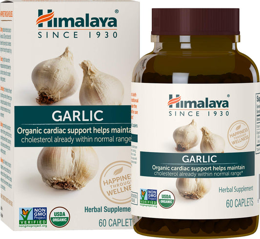Himalaya Organic Garlic caplets close-up showing total 1,400 mg potency