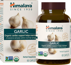 Himalaya Organic Garlic caplets close-up showing total 1,400 mg potency