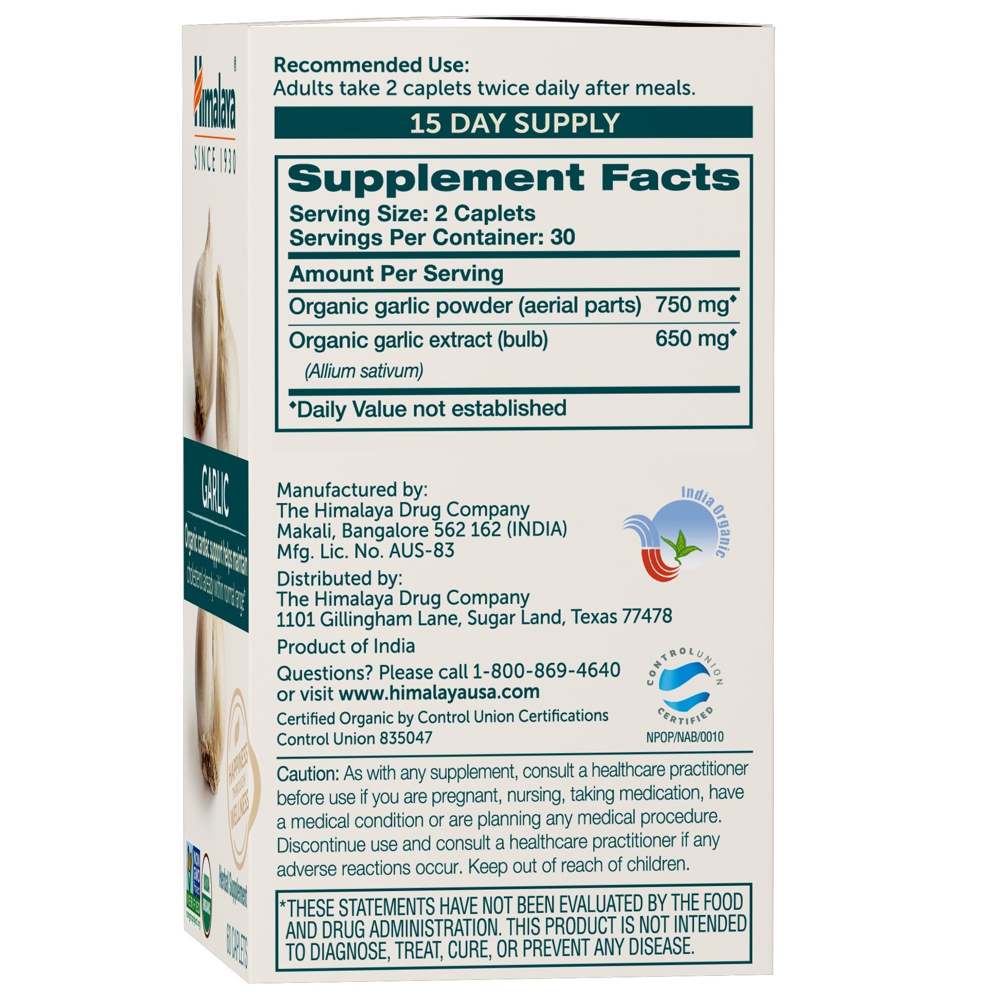 Himalaya Organic Garlic ingredients label with USDA Organic and Non-GMO seals