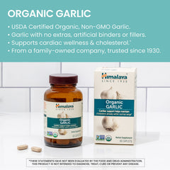 Packaging for Himalaya Organic Garlic highlighting allergen-free and plant-based formula