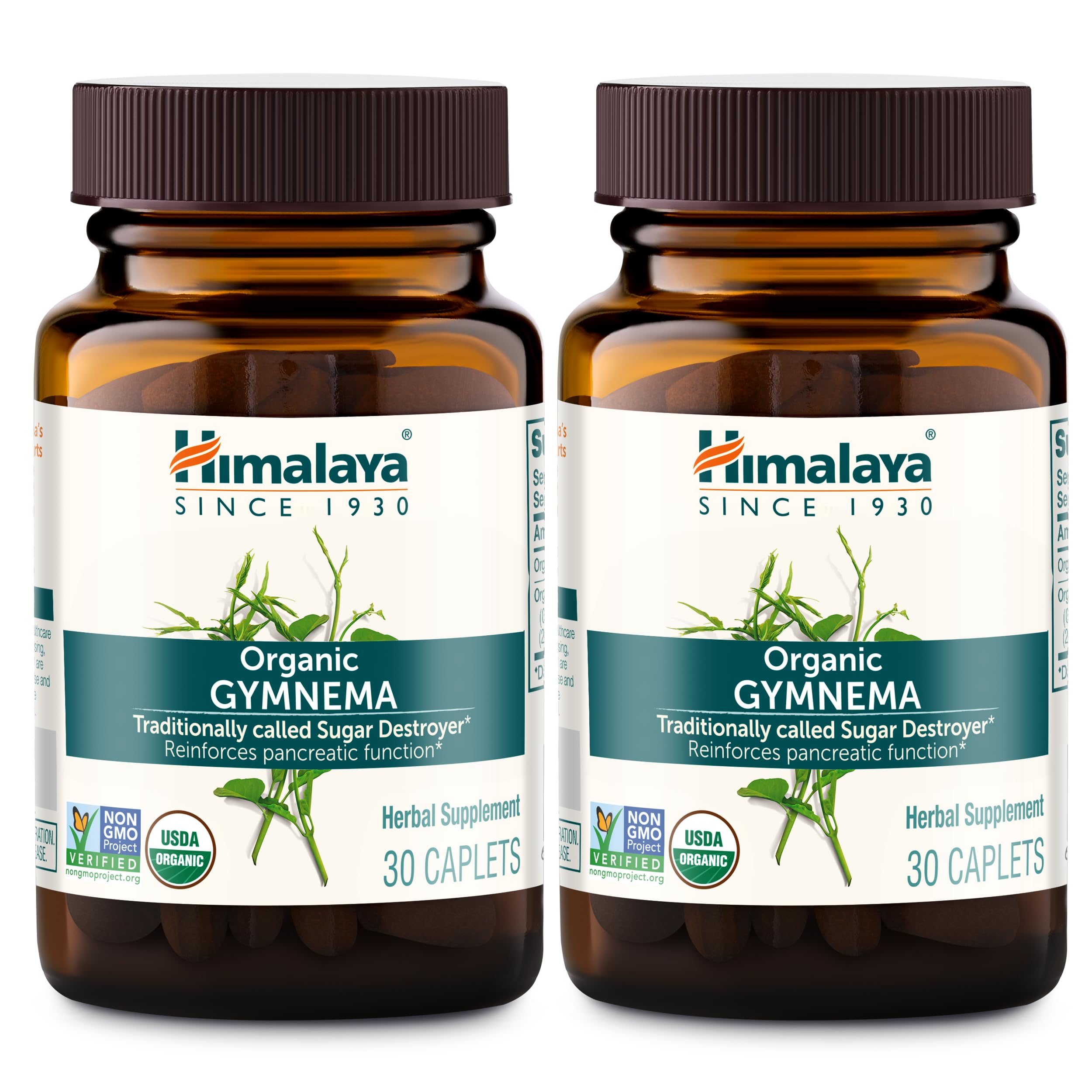 Himalaya Organic Gymnema Sylvestre bottle for convenient daily use supporting carbohydrate metabolism.